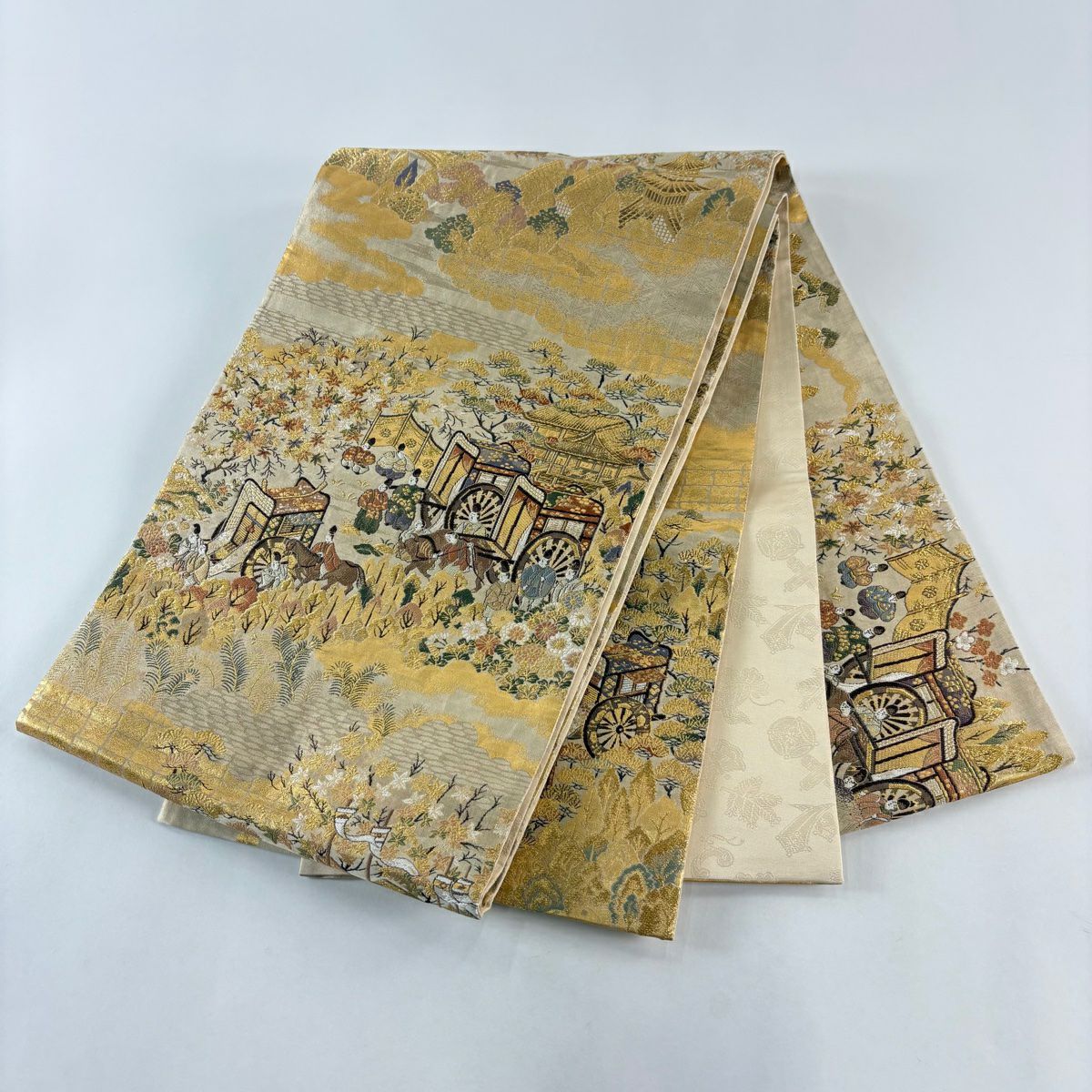 【美品】 袋帶 秀品級 都紀行 別腹 人物 建物 金金箔 金絲 金色 全通 純蠶絲