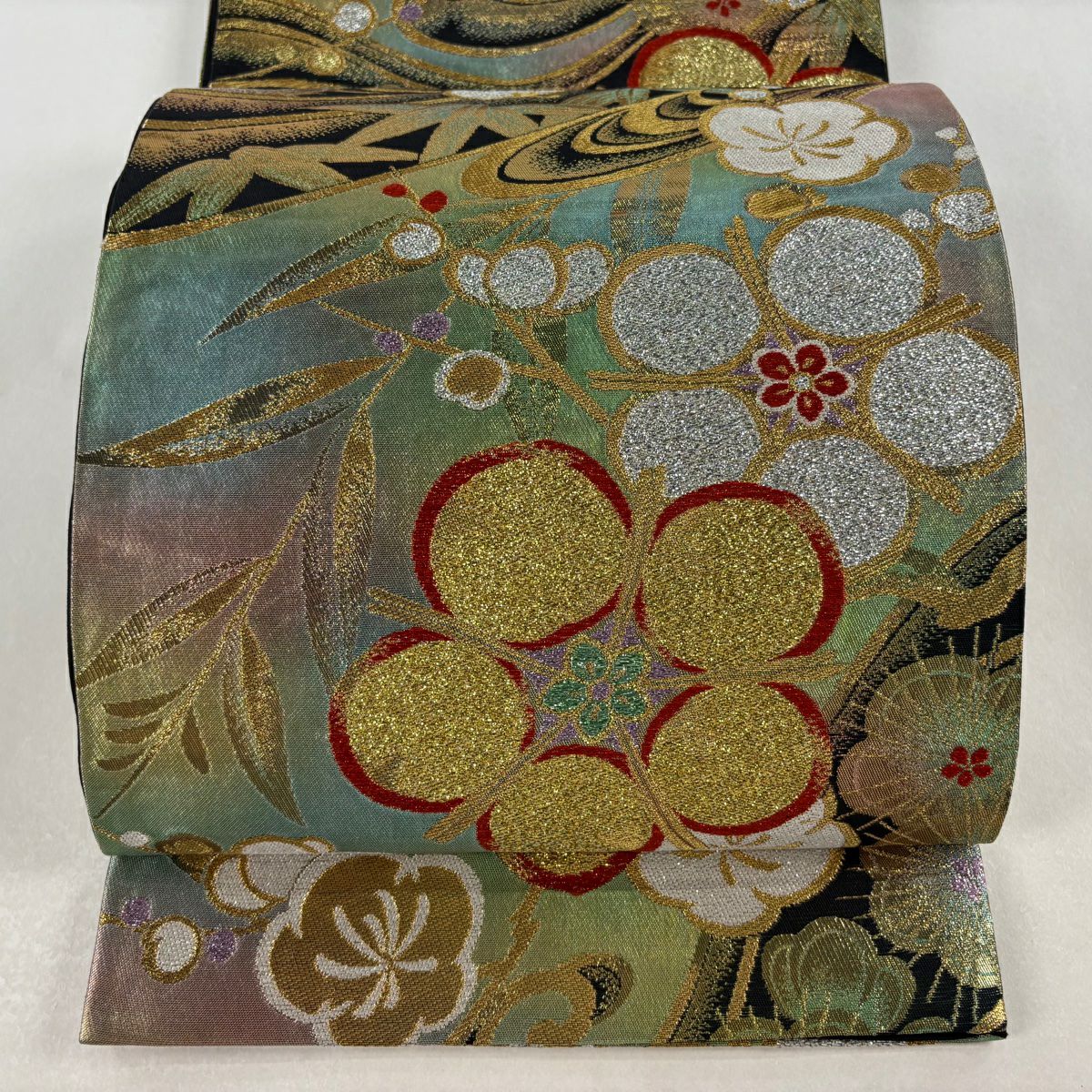 【美品】 袋帶 秀品級 振袖禮服禮服用 梅花 流水 金絲 金金箔 黑 六通 純蠶絲