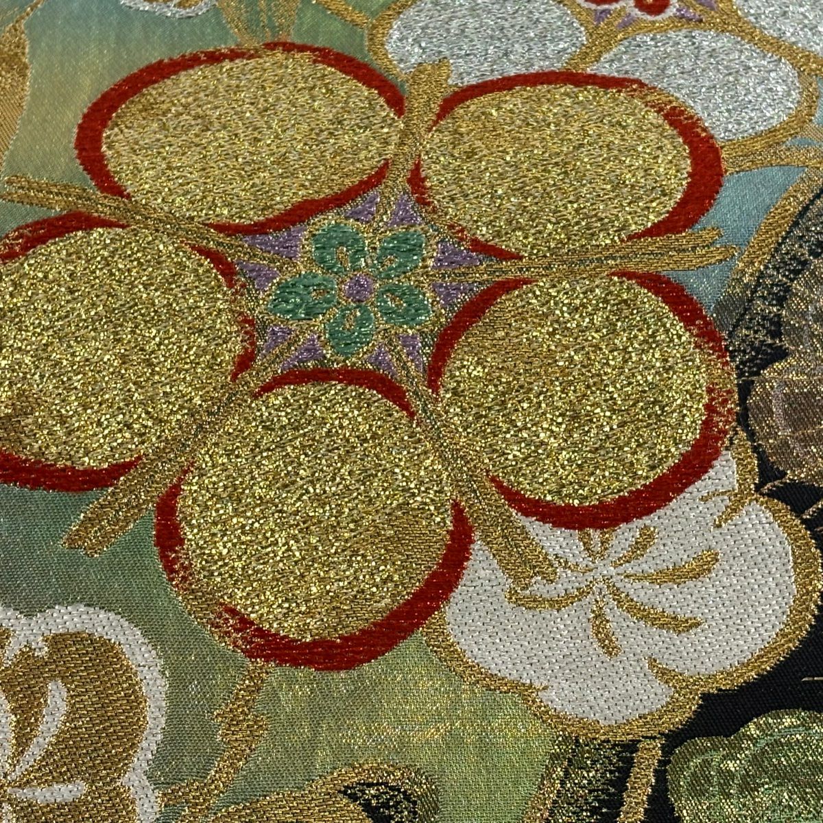 【美品】 袋帶 秀品級 振袖禮服禮服用 梅花 流水 金絲 金金箔 黑 六通 純蠶絲