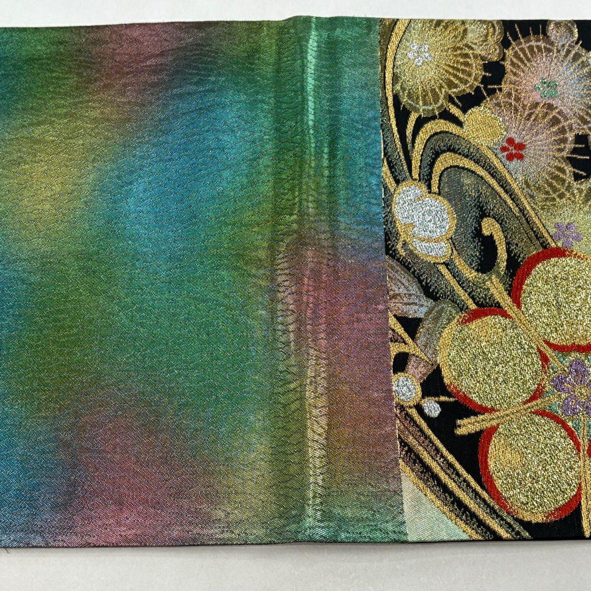 【美品】 袋帶 秀品級 振袖禮服禮服用 梅花 流水 金絲 金金箔 黑 六通 純蠶絲