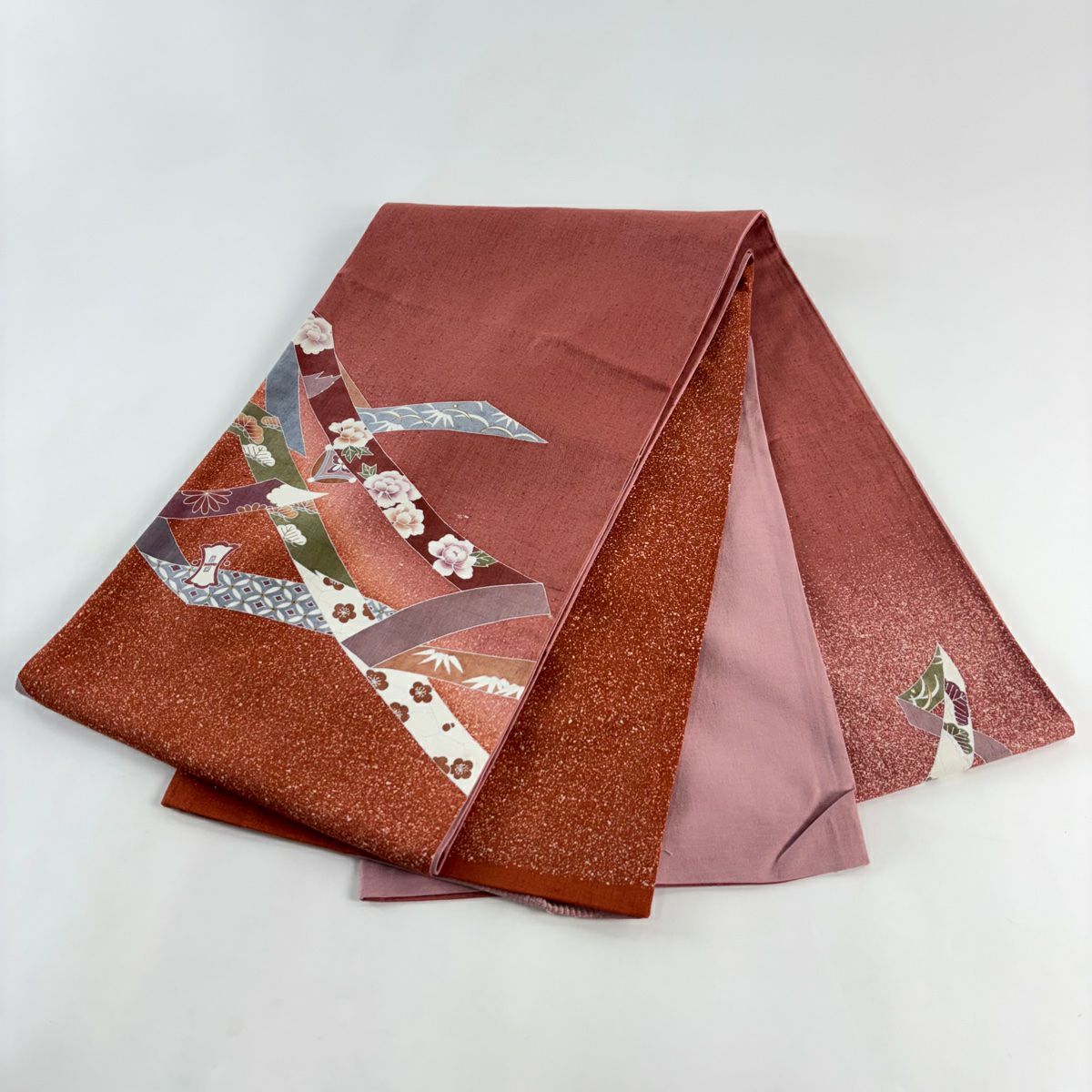 【美品】 袋帶 秀品級 有落款 有證書 紬織織 熨斗紋 松樹竹子梅花 金銀彩 粉紅 大鼓圖案 純蠶絲