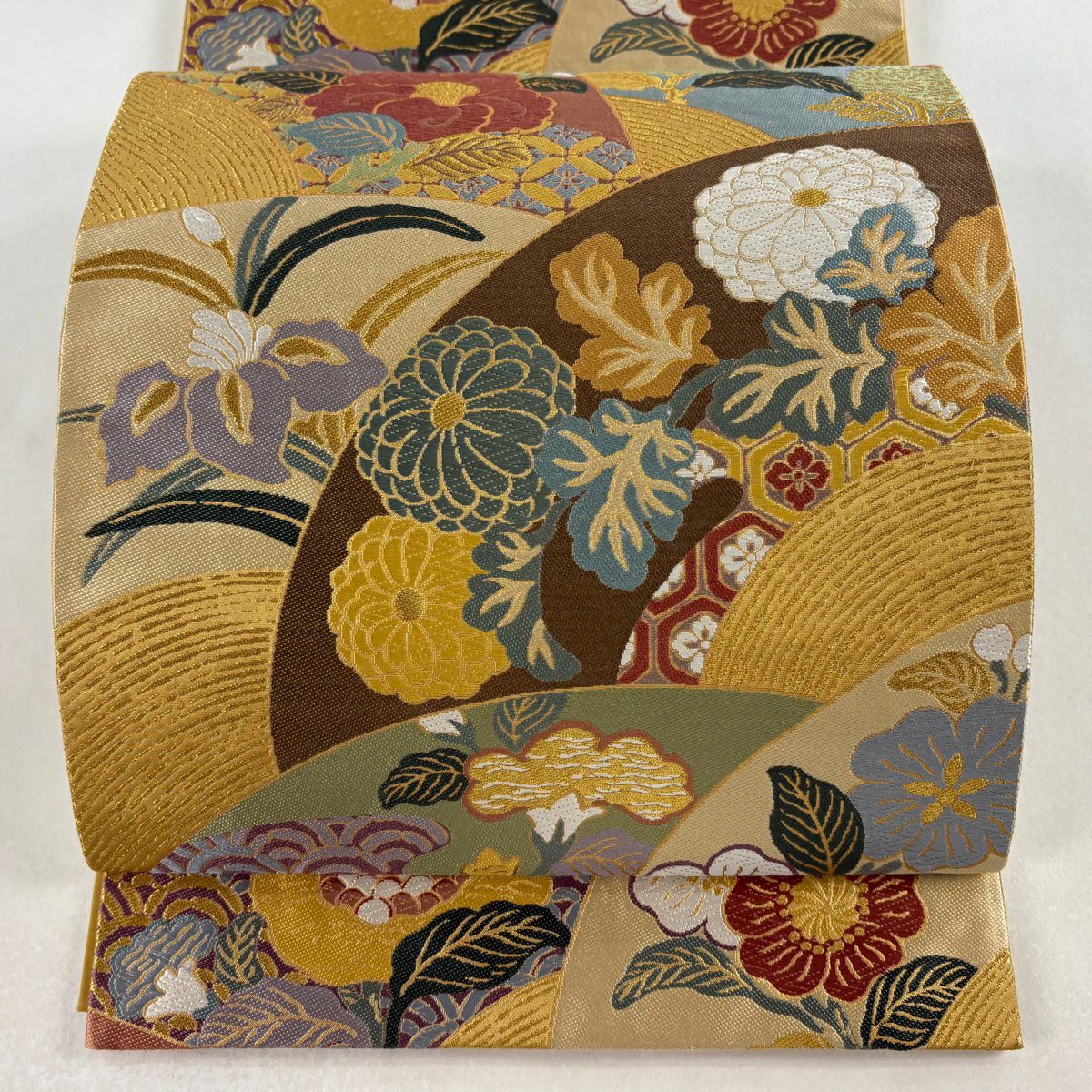 【美品】 袋帶 秀品級 草花紋 金糸 唐織 黃土 深藍 六通 純蠶絲