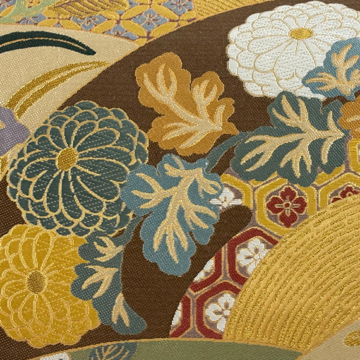 【美品】 袋帶 秀品級 草花紋 金糸 唐織 黃土 深藍 六通 純蠶絲