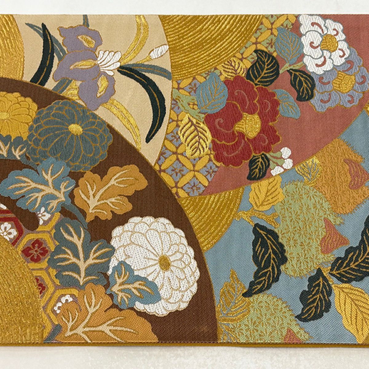 【美品】 袋帶 秀品級 草花紋 金糸 唐織 黃土 深藍 六通 純蠶絲