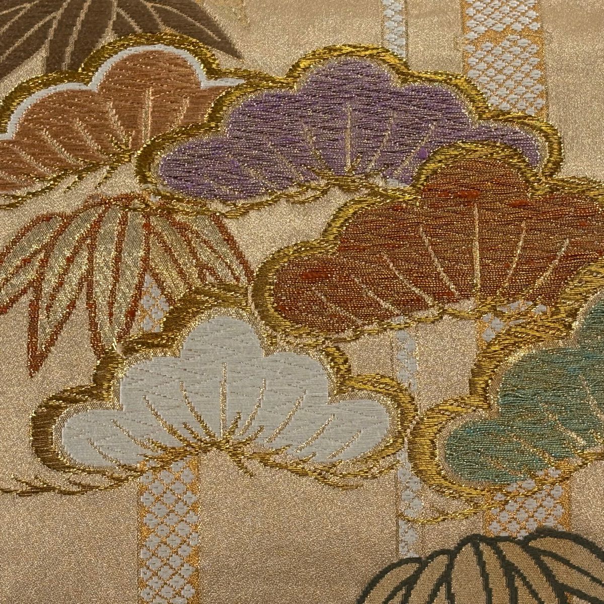 袋帶 秀品級 松樹 笹 金絲 金金箔 金色 六通 純蠶絲