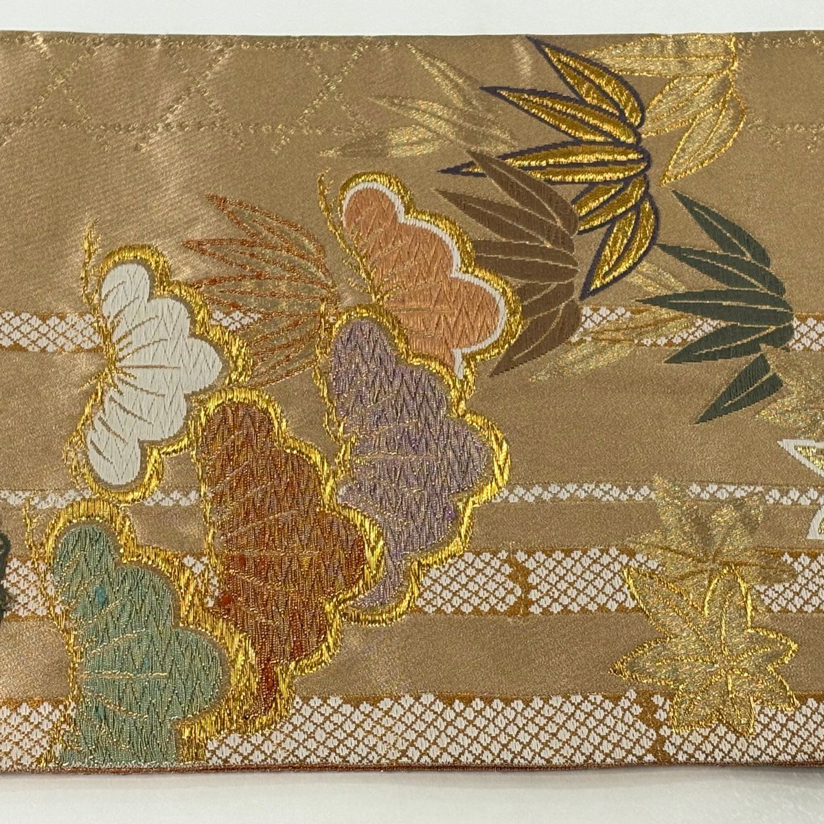 袋帶 秀品級 松樹 笹 金絲 金金箔 金色 六通 純蠶絲