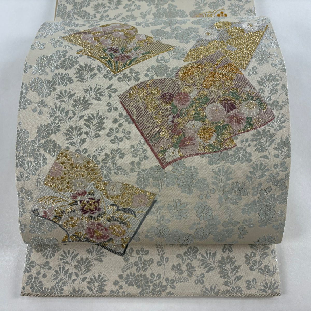【美品】 袋帶 秀品級 冊子 草花紋 金糸 薄茶 深藍 六通 純蠶絲