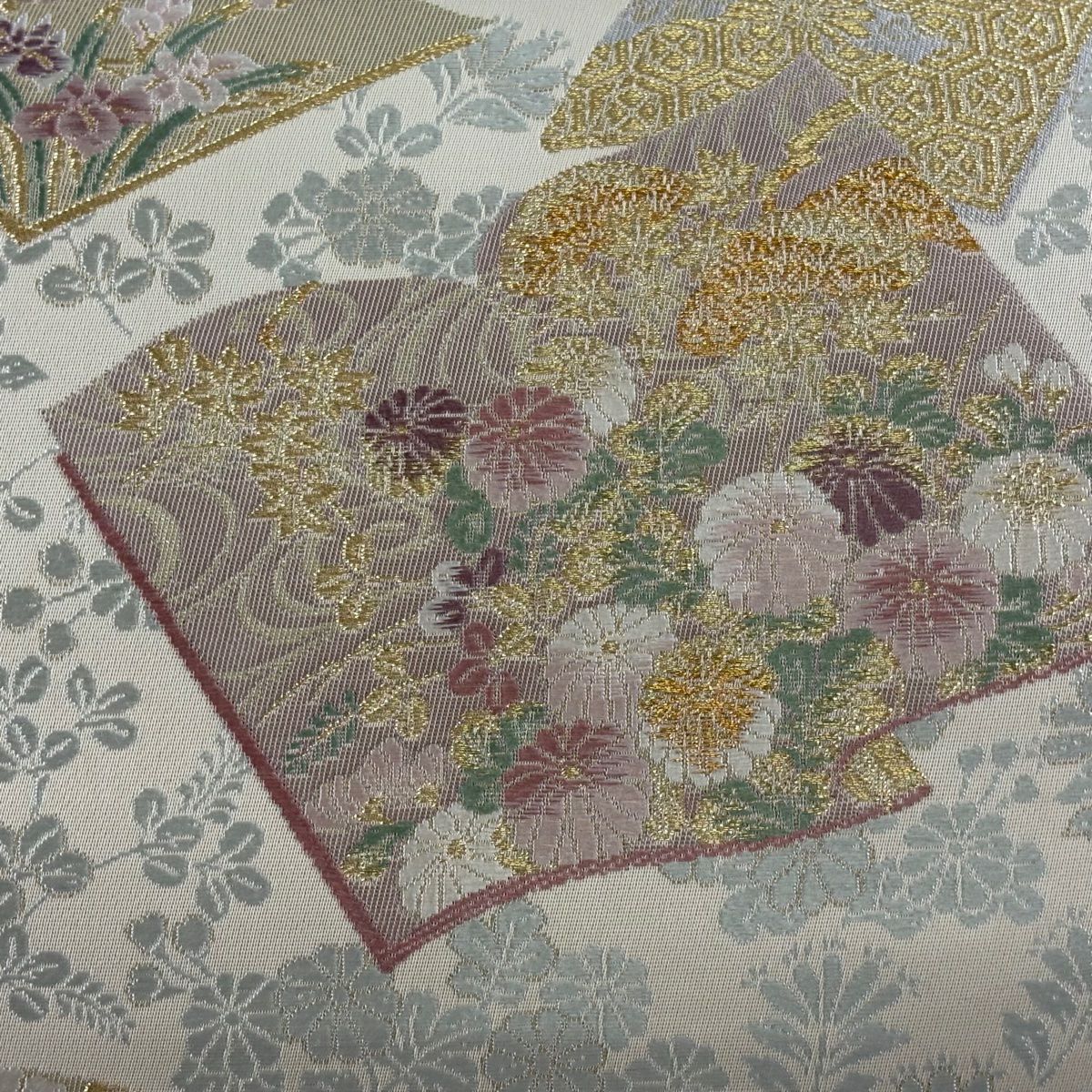 【美品】 袋帶 秀品級 冊子 草花紋 金糸 薄茶 深藍 六通 純蠶絲