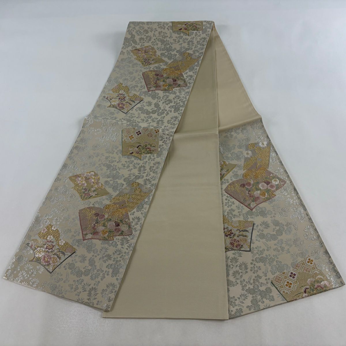 【美品】 袋帶 秀品級 冊子 草花紋 金糸 薄茶 深藍 六通 純蠶絲