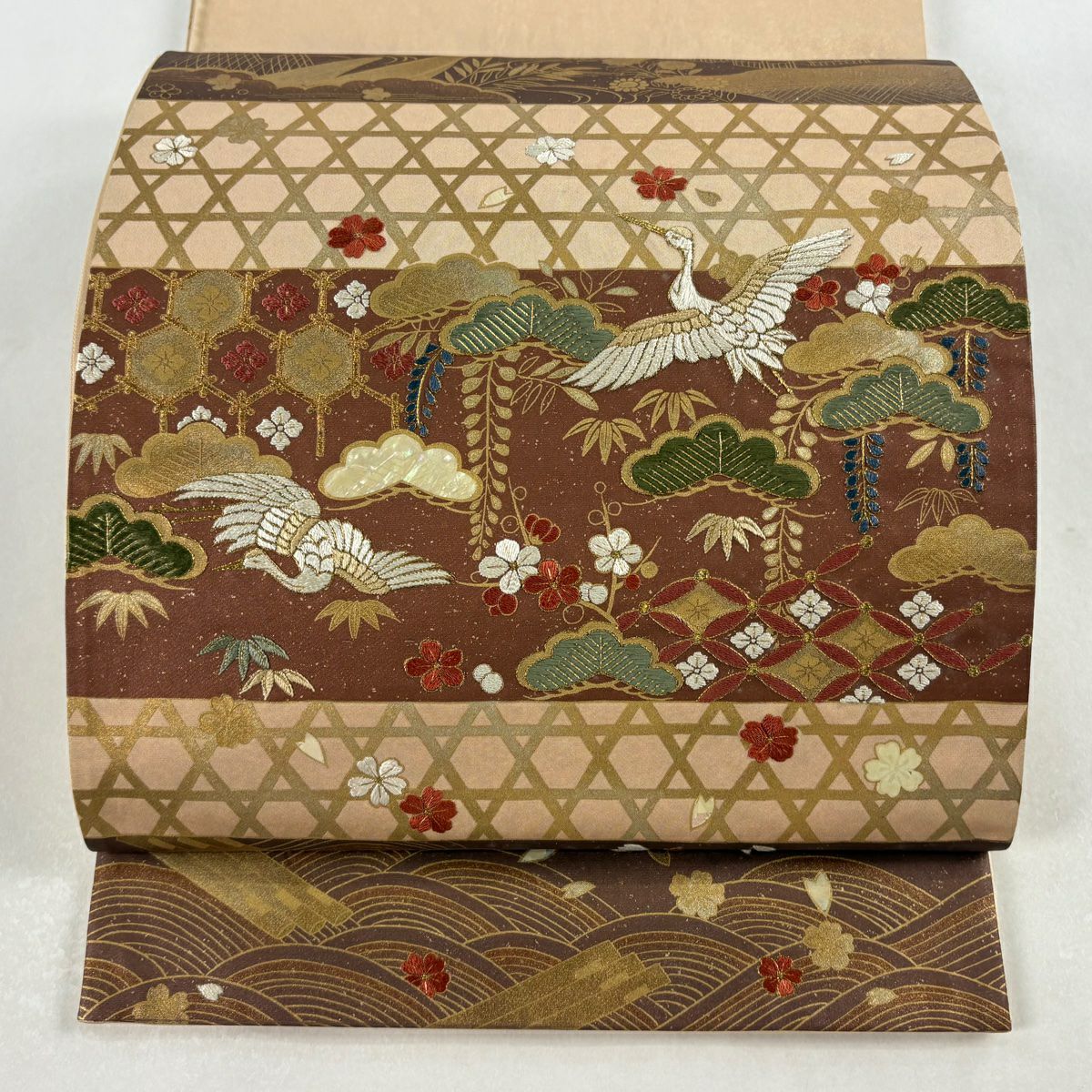 袋帶 秀品級 松樹竹子梅花 仙鶴 刺繡 金線 淺茶 純蠶絲