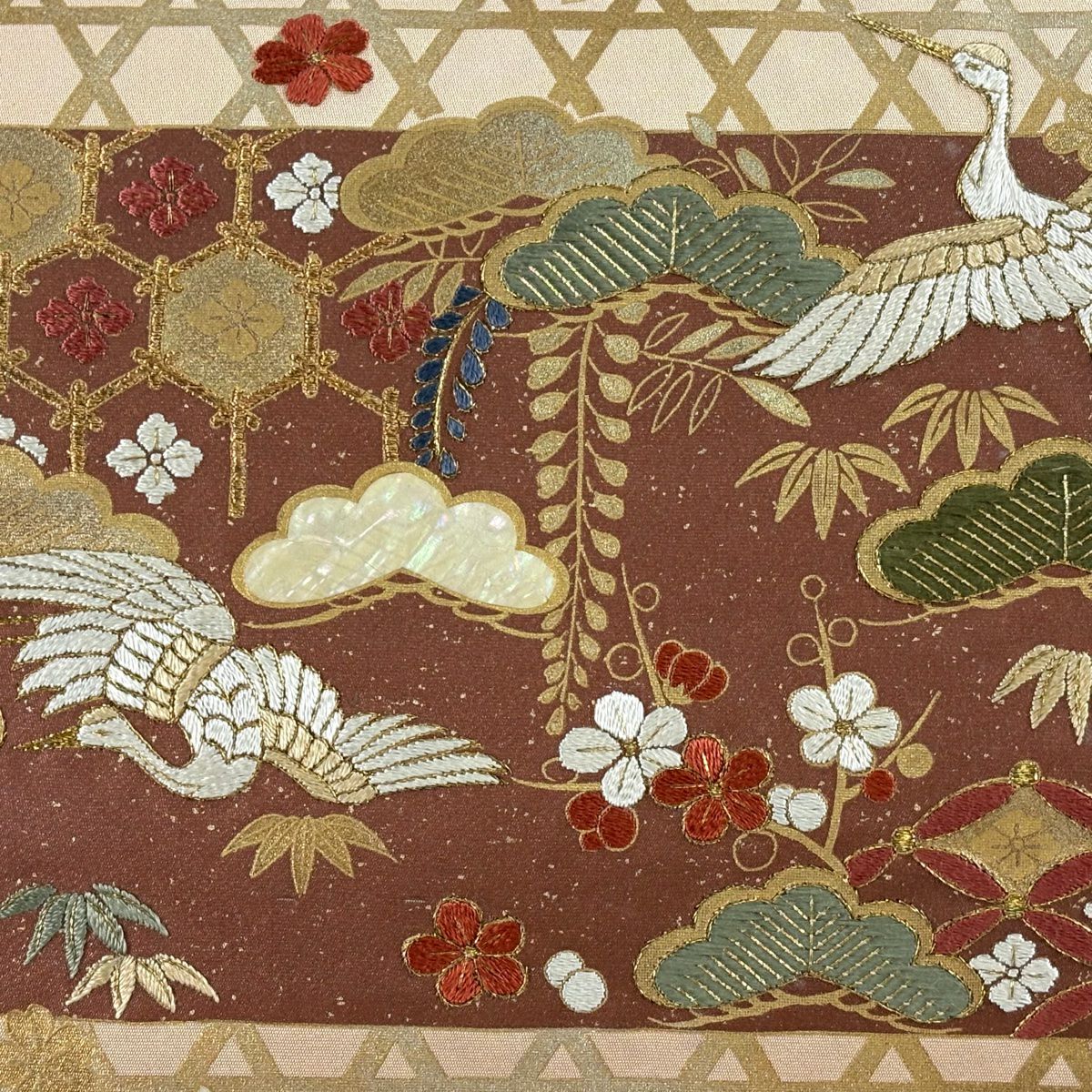 袋帶 秀品級 松樹竹子梅花 仙鶴 刺繡 金線 淺茶 純蠶絲