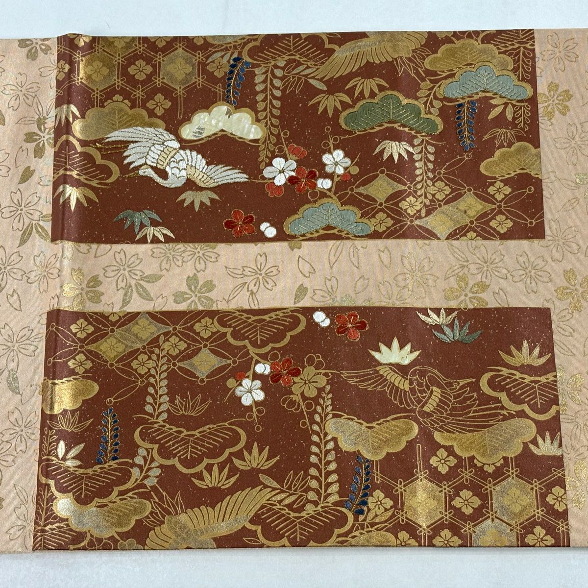 袋帶 秀品級 松樹竹子梅花 仙鶴 刺繡 金線 淺茶 純蠶絲