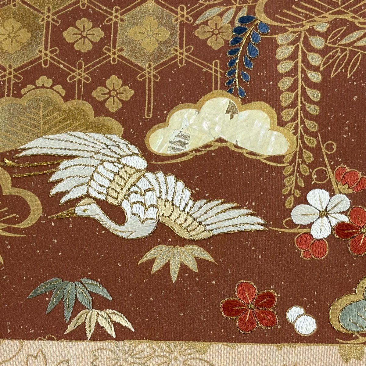 袋帶 秀品級 松樹竹子梅花 仙鶴 刺繡 金線 淺茶 純蠶絲