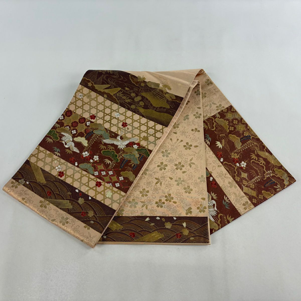 袋帶 秀品級 松樹竹子梅花 仙鶴 刺繡 金線 淺茶 純蠶絲