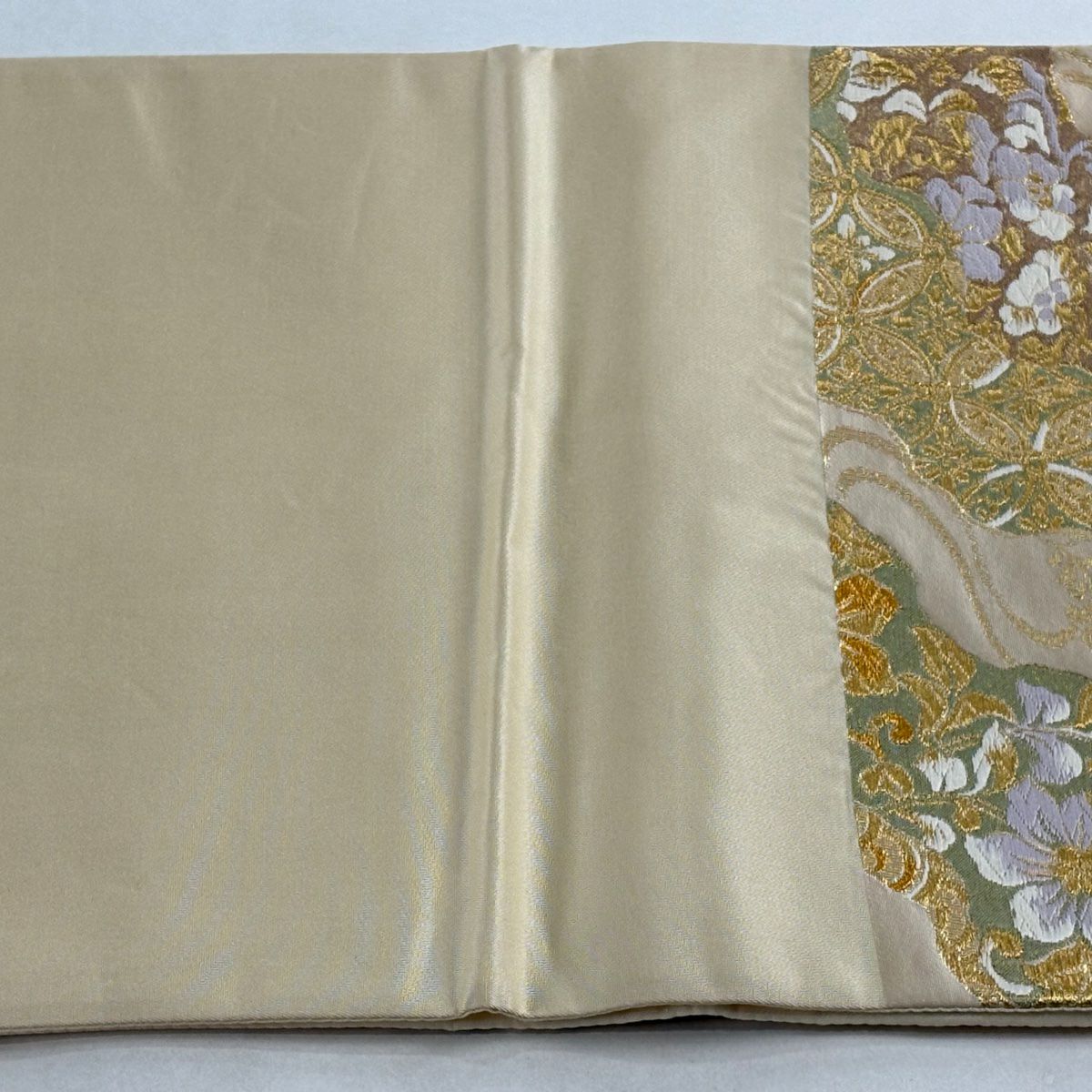 【美品】 袋帶 秀品級 華紋 七寶 金銀彩 金金箔 米色 六通 純蠶絲