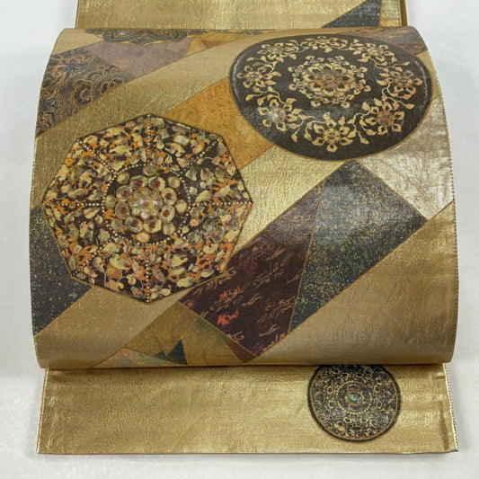 袋帶 秀品級 華紋 幾何學 金金箔 金色 大鼓圖案 純蠶絲