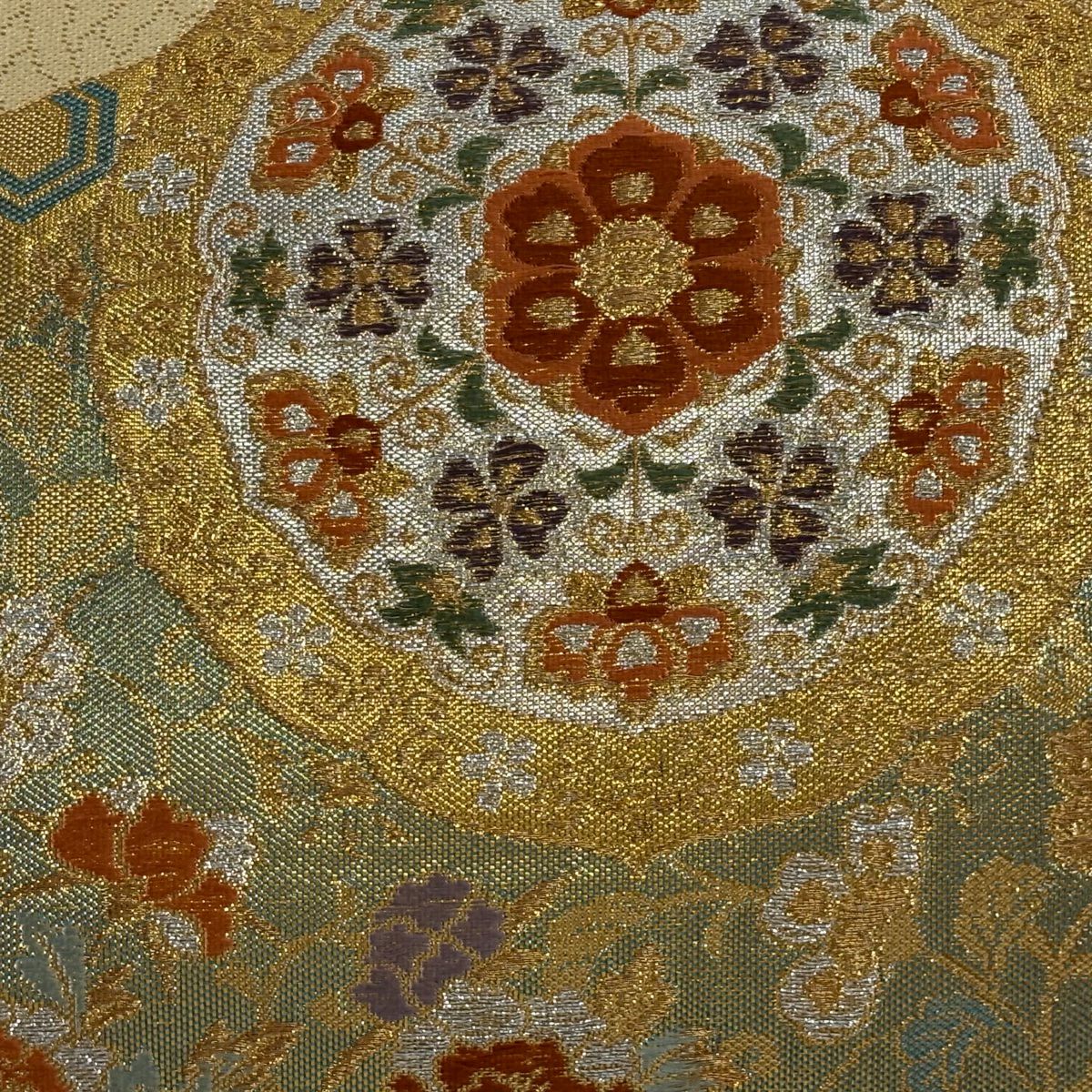 【美品】 袋帶 秀品級 華紋 草花紋 金絲 金金箔 金色 六通 純蠶絲