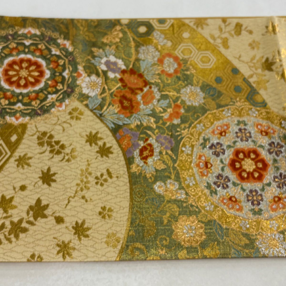 【美品】 袋帶 秀品級 華紋 草花紋 金絲 金金箔 金色 六通 純蠶絲
