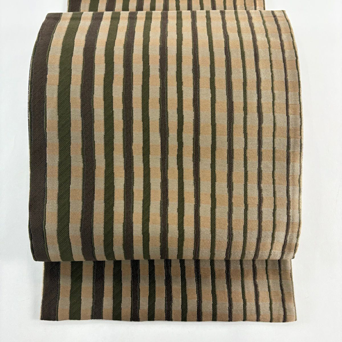 【美品】 袋帶 秀品級 條紋 淺茶 全通 純蠶絲
