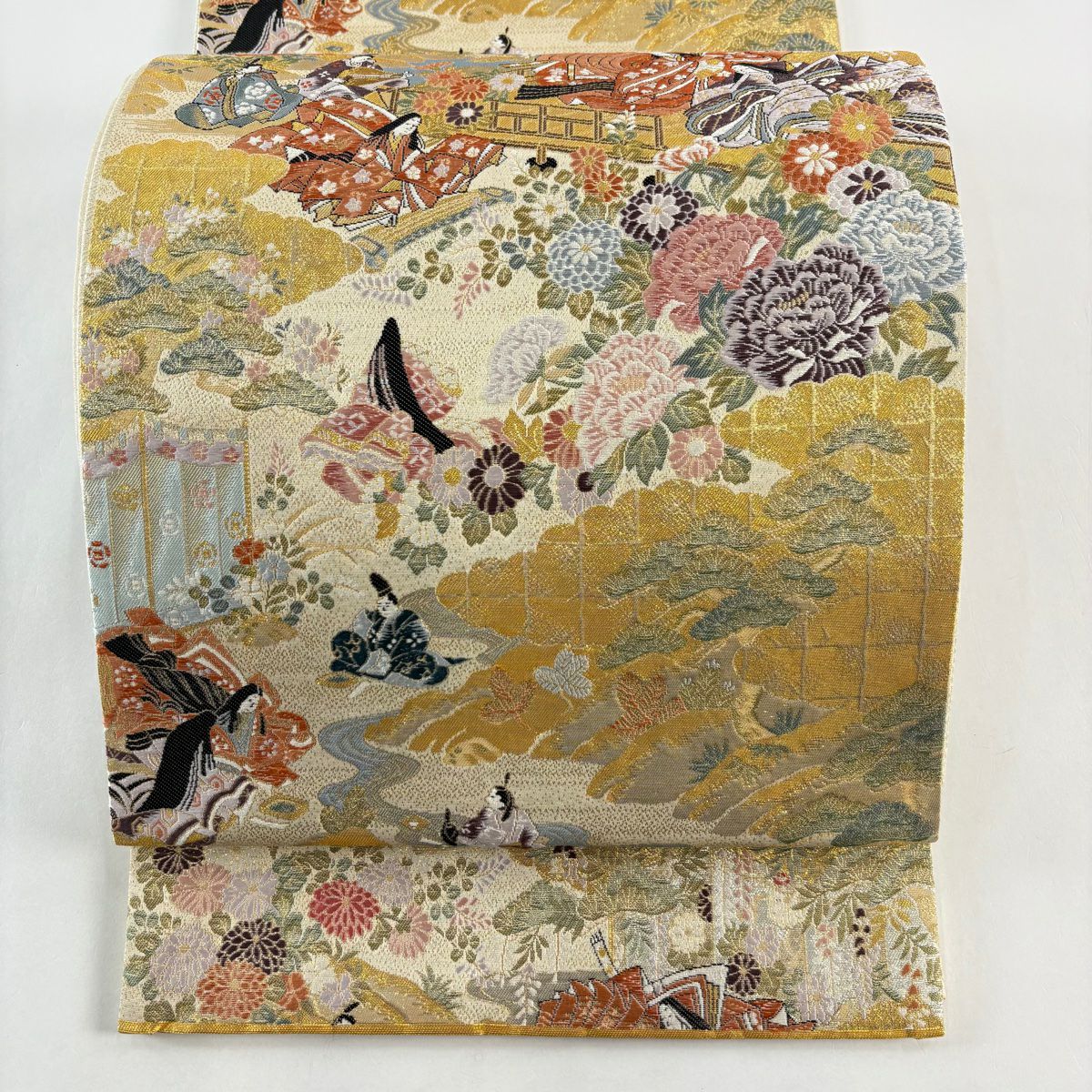【美品】 袋帶 秀品級 御所風景 草花紋 金糸 金金箔 金 六通 純蠶絲