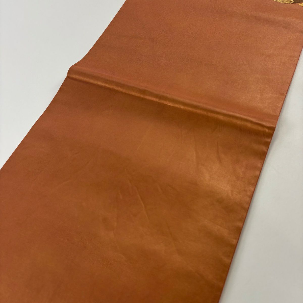 【美品】 袋帶 秀品級 加納幸 落款あり 楓 梅花 金金箔 金線 紅茶 お太鼓圖案 純蠶絲