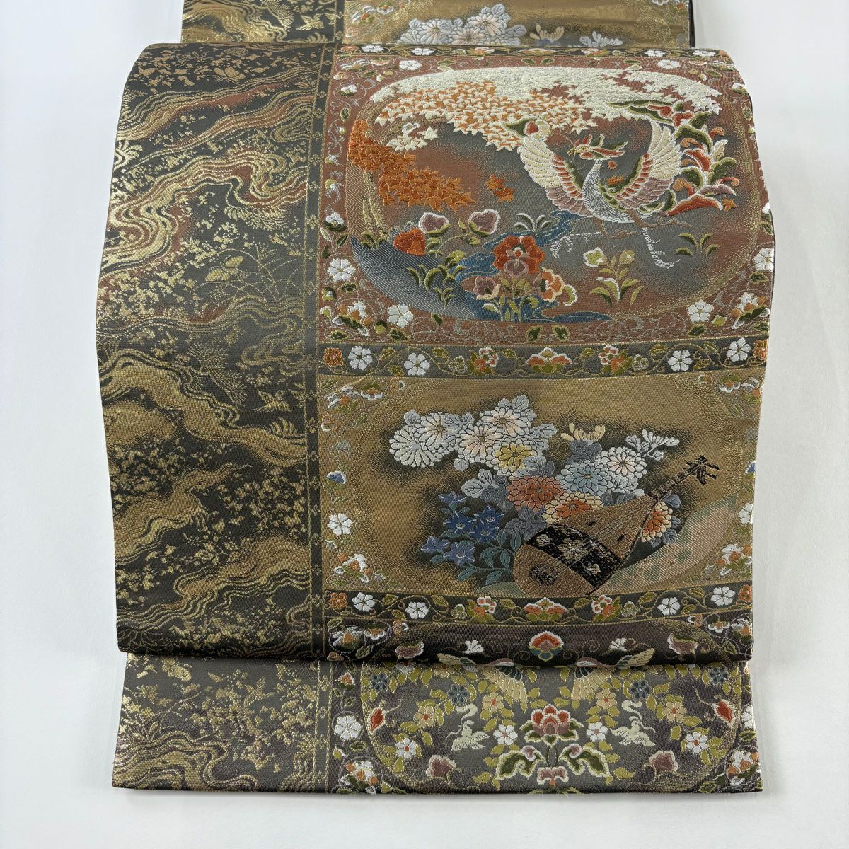 【美品】 袋帶 秀品級 祥樹鴛鴦紋 琵琶 金金箔 茶綠 六通 純蠶絲