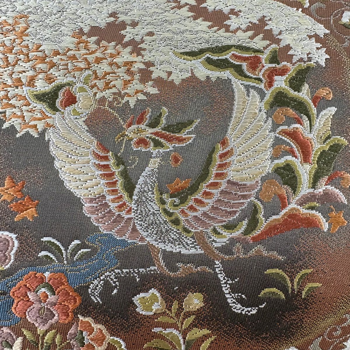 【美品】 袋帶 秀品級 祥樹鴛鴦紋 琵琶 金金箔 茶綠 六通 純蠶絲