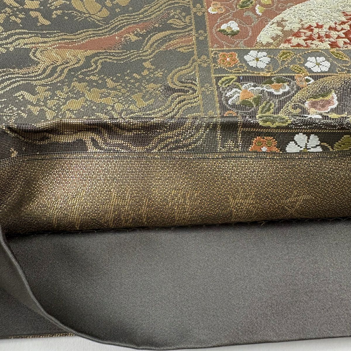 【美品】 袋帶 秀品級 祥樹鴛鴦紋 琵琶 金金箔 茶綠 六通 純蠶絲