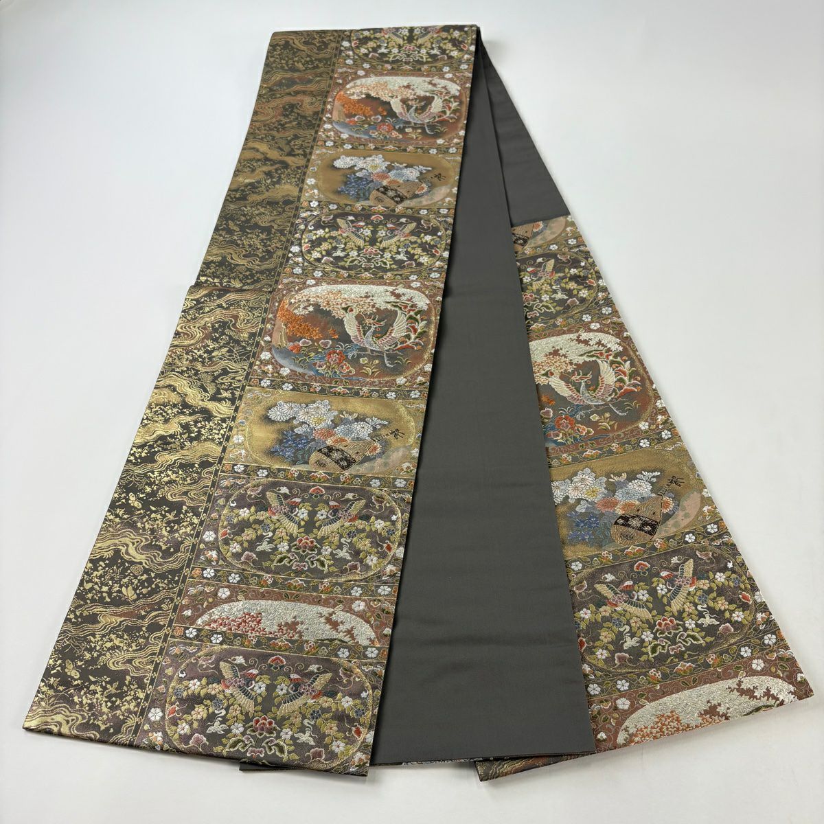 【美品】 袋帶 秀品級 祥樹鴛鴦紋 琵琶 金金箔 茶綠 六通 純蠶絲