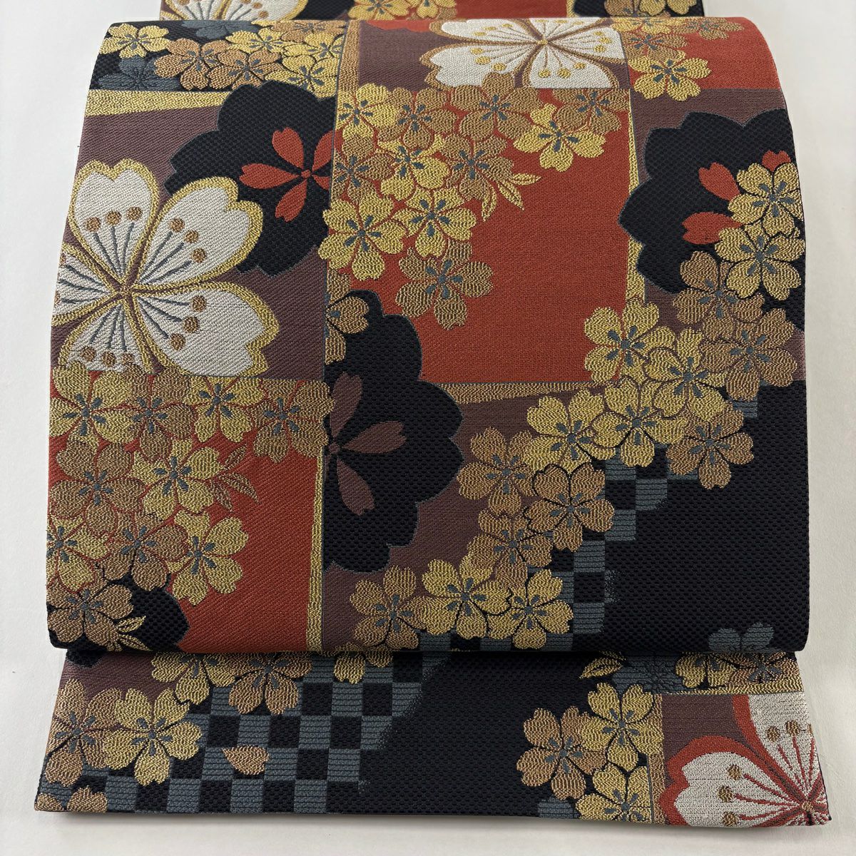 【美品】 袋帶 秀品級 八尺紋櫻花 市松樹 金金箔 朱 純蠶絲