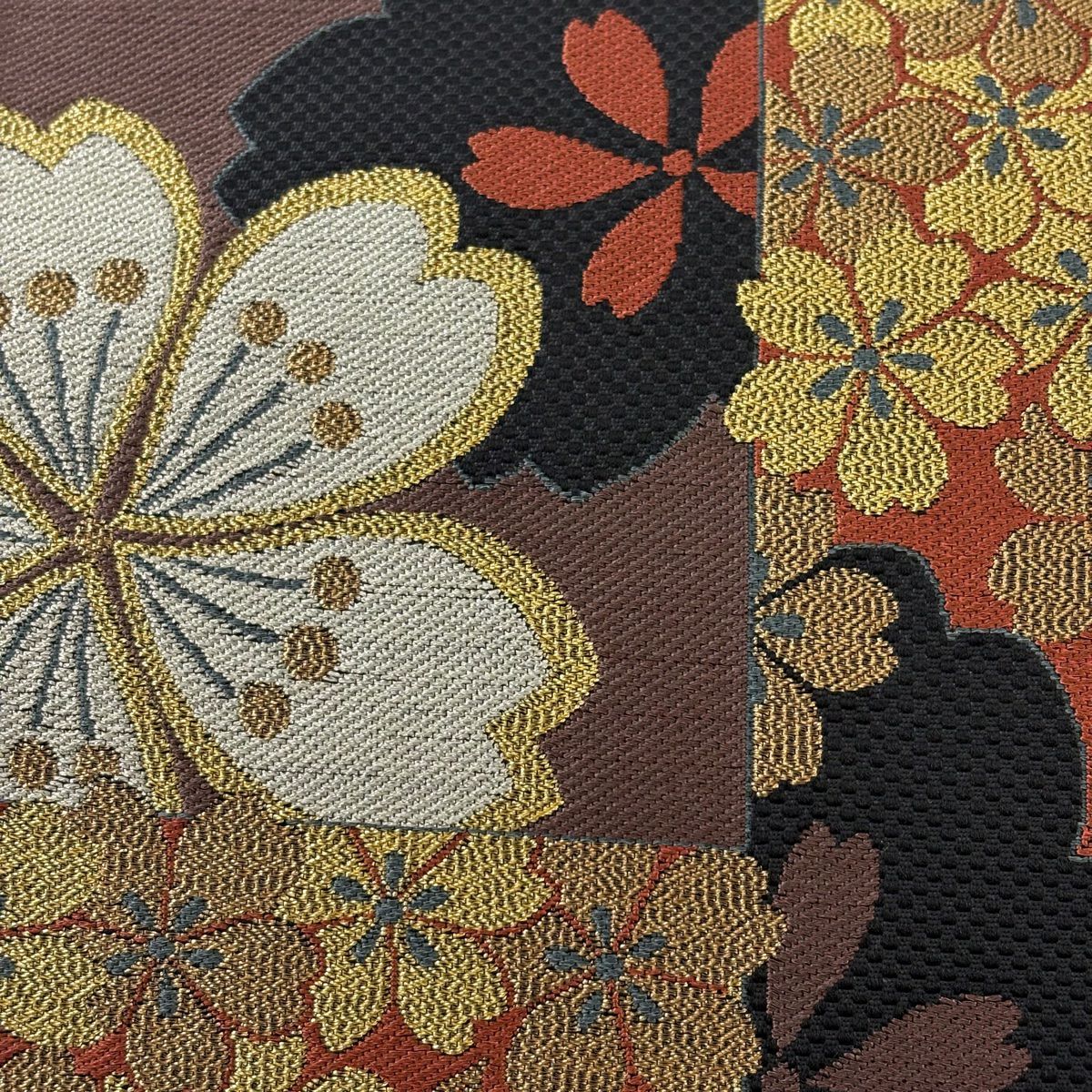 【美品】 袋帶 秀品級 八尺紋櫻花 市松樹 金金箔 朱 純蠶絲