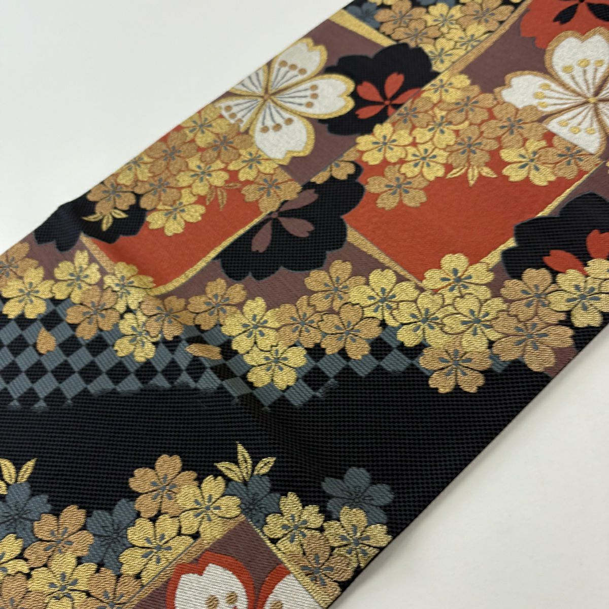 【美品】 袋帶 秀品級 八尺紋櫻花 市松樹 金金箔 朱 純蠶絲
