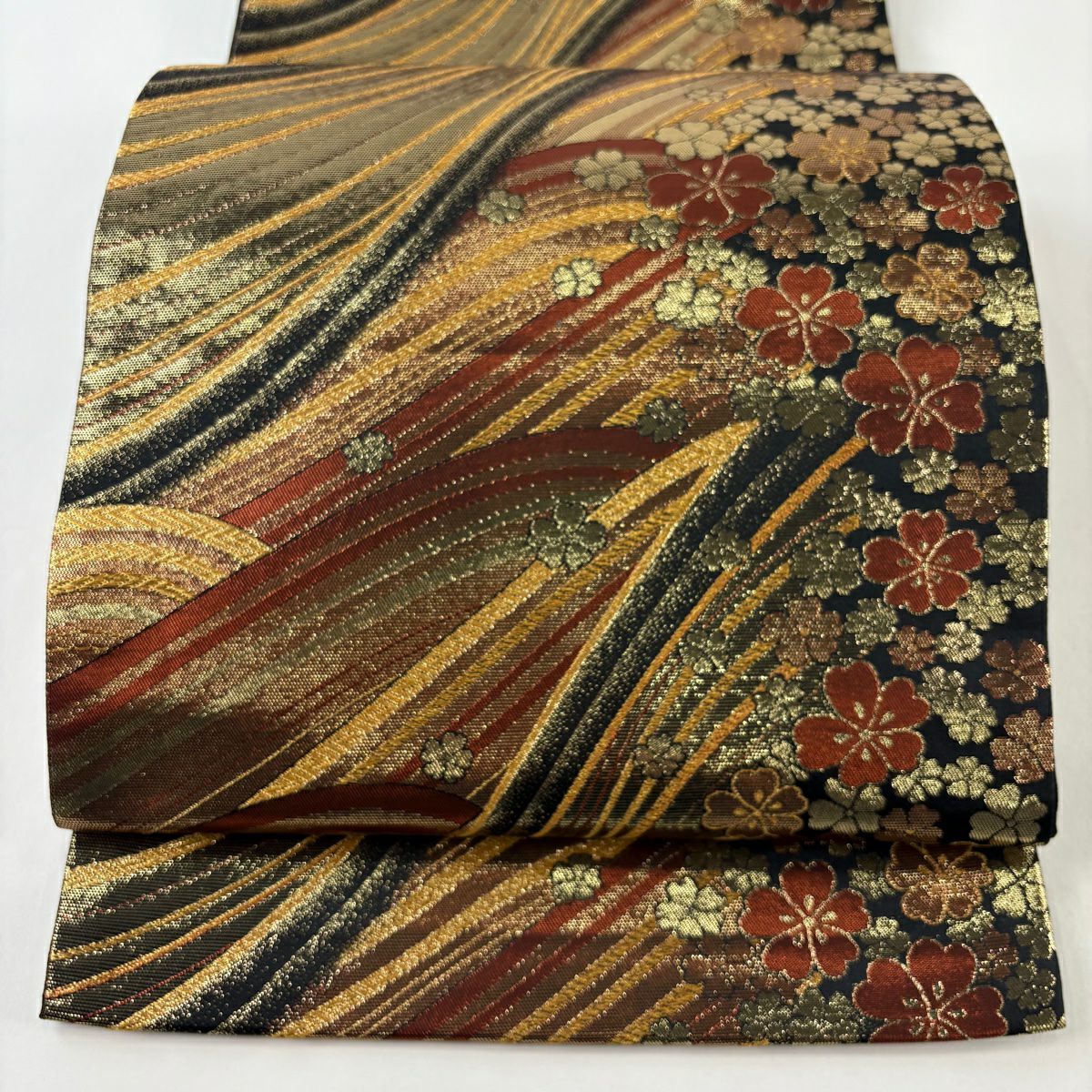 【美品】 袋帶 秀品級 櫻花 波 金金箔 唐織 黑 六通 純蠶絲