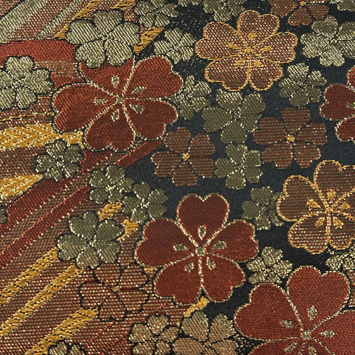 【美品】 袋帶 秀品級 櫻花 波 金金箔 唐織 黑 六通 純蠶絲