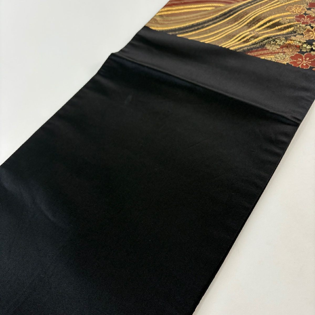 【美品】 袋帶 秀品級 櫻花 波 金金箔 唐織 黑 六通 純蠶絲
