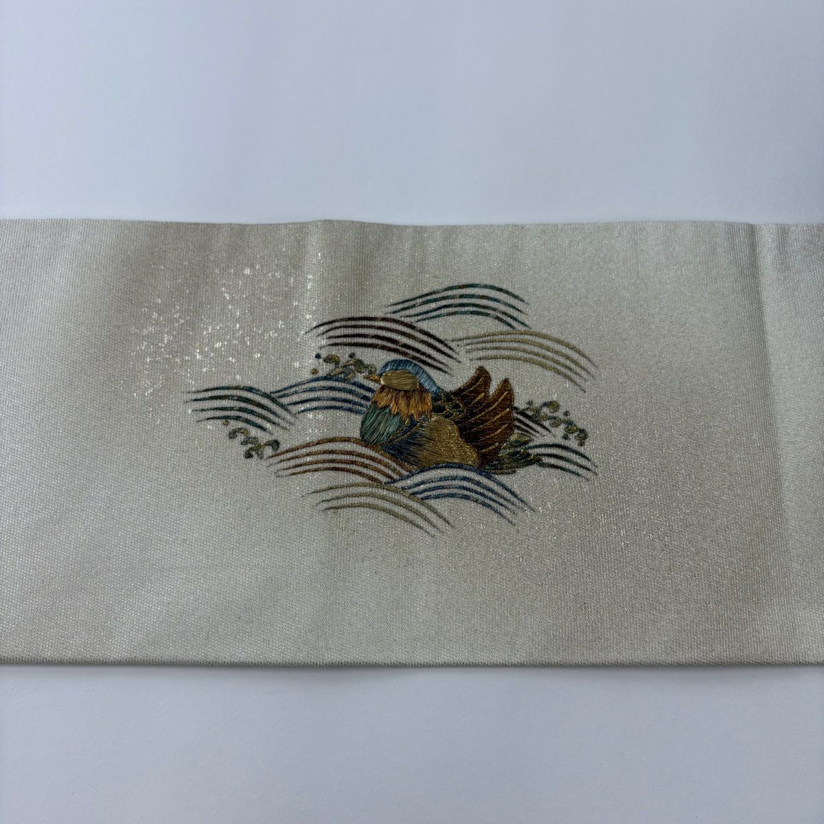 名古屋帶 秀品級 關西仕立 雙鴛鴦 波頭 刺繡 金彩裝飾 米色 純蠶絲