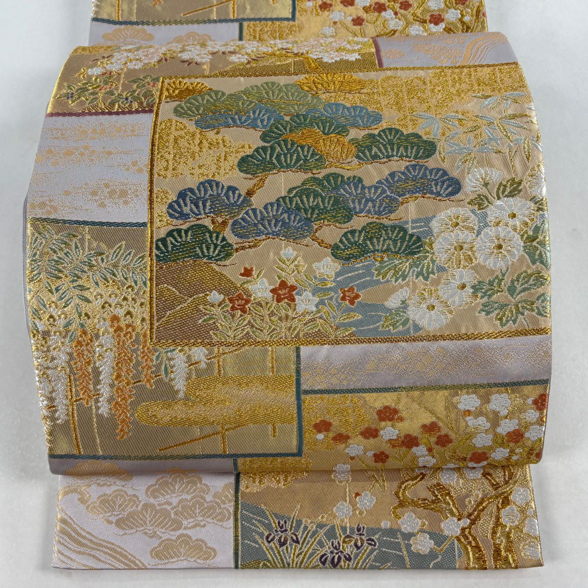 【美品】 袋帶 秀品級 松樹竹子梅花 櫻花 金糸 金金箔 灰紫 六通 純蠶絲