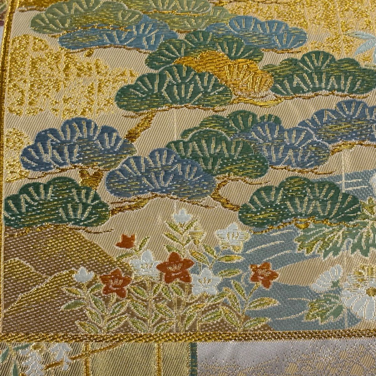 【美品】 袋帶 秀品級 松樹竹子梅花 櫻花 金糸 金金箔 灰紫 六通 純蠶絲