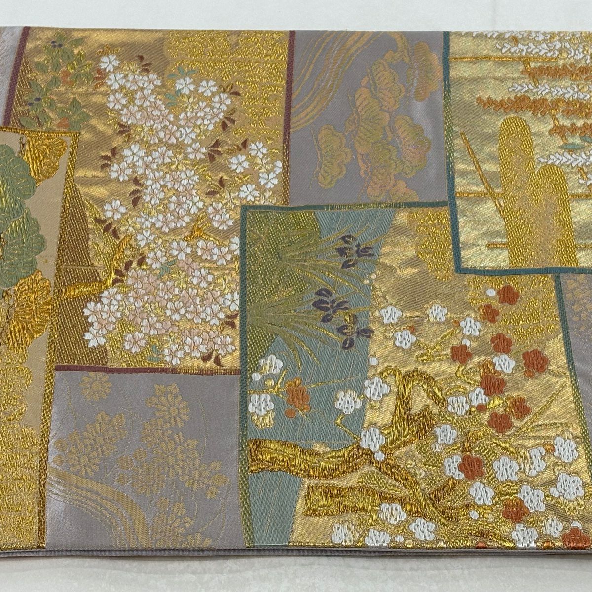【美品】 袋帶 秀品級 松樹竹子梅花 櫻花 金糸 金金箔 灰紫 六通 純蠶絲