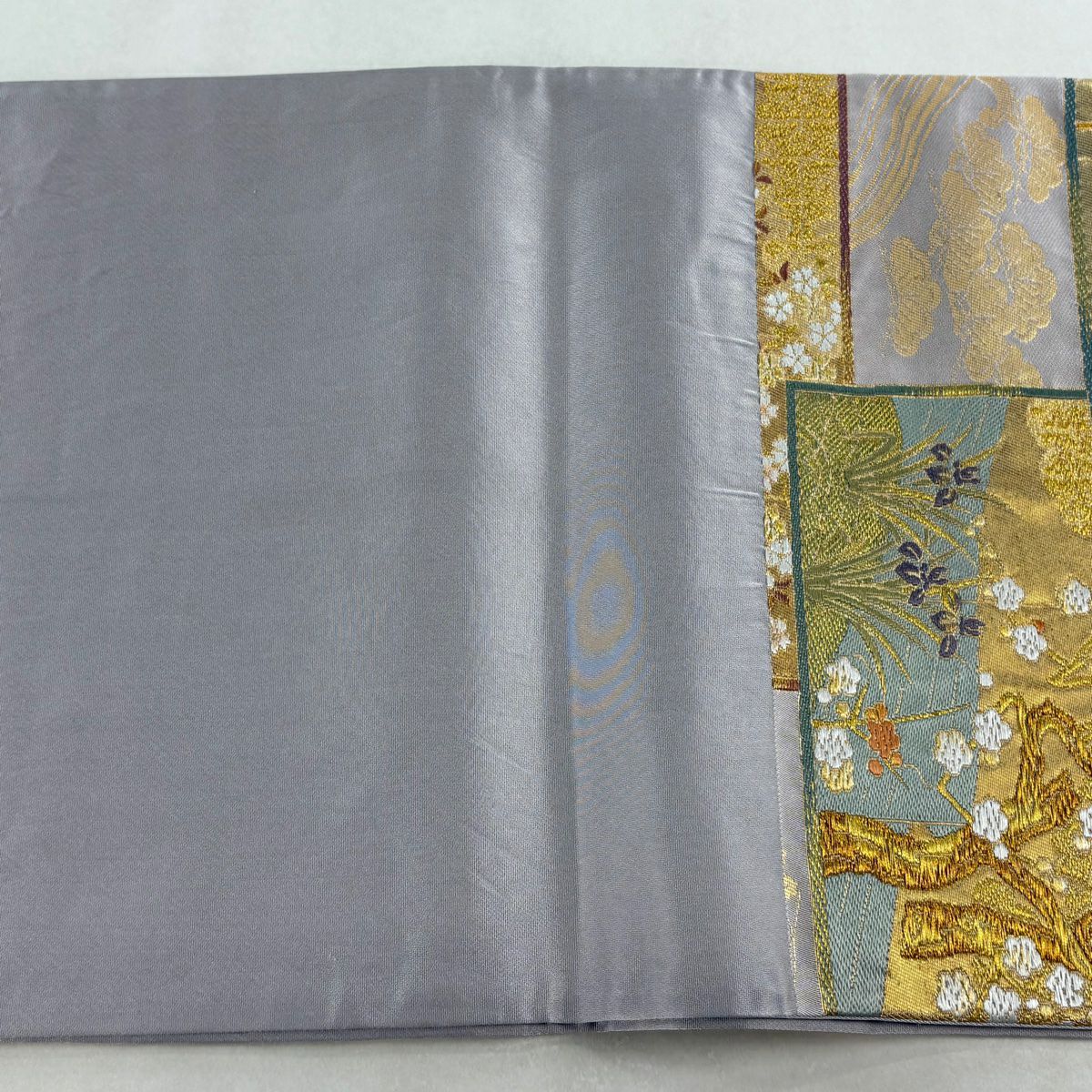 【美品】 袋帶 秀品級 松樹竹子梅花 櫻花 金糸 金金箔 灰紫 六通 純蠶絲
