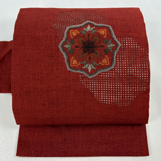 【美品】名古屋帶 秀品級 紬織織 華紋 刺繡 相良刺繡 紅茶 純蠶絲