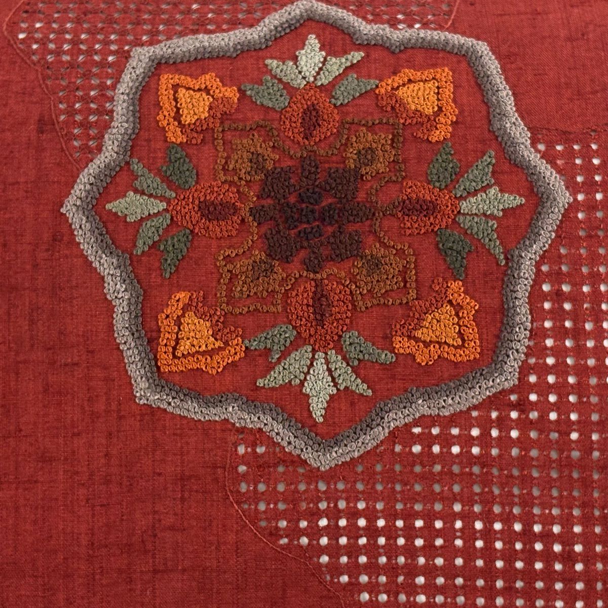【美品】名古屋帶 秀品級 紬織織 華紋 刺繡 相良刺繡 紅茶 純蠶絲