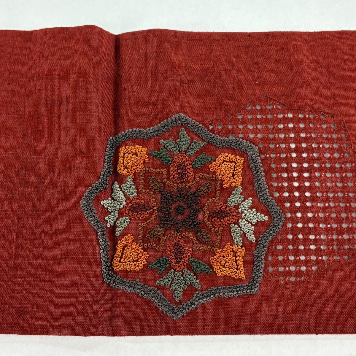 【美品】名古屋帶 秀品級 紬織織 華紋 刺繡 相良刺繡 紅茶 純蠶絲