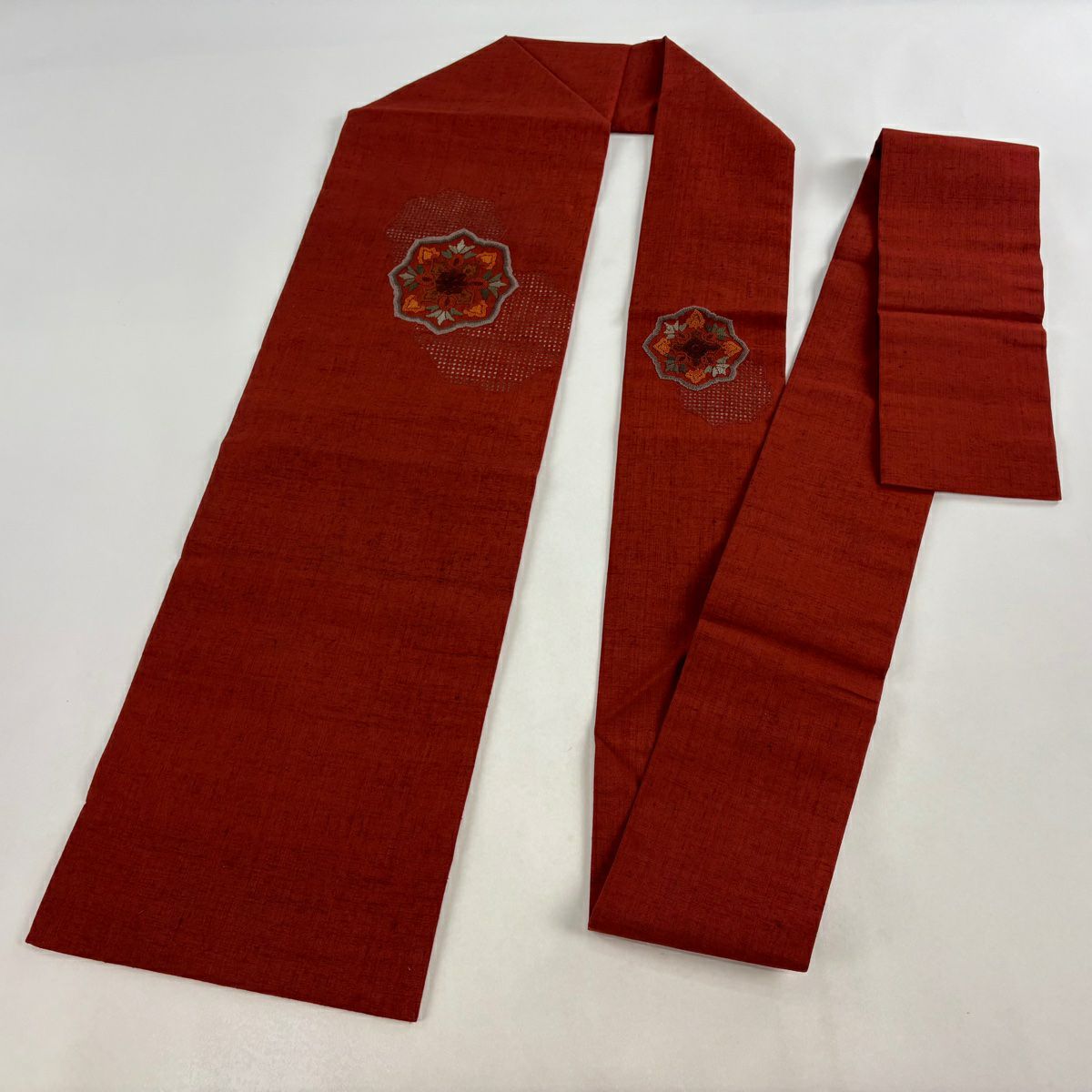 【美品】名古屋帶 秀品級 紬織織 華紋 刺繡 相良刺繡 紅茶 純蠶絲