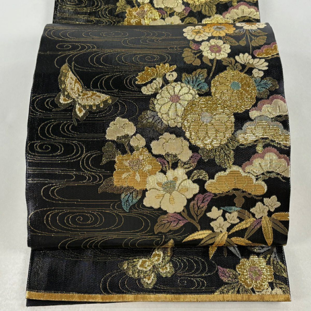 【美品】 袋帶 秀品級 草花紋 蝶 金銀彩 金金箔 黑 六通 純蠶絲