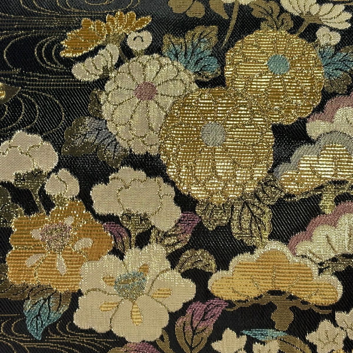 【美品】 袋帶 秀品級 草花紋 蝶 金銀彩 金金箔 黑 六通 純蠶絲