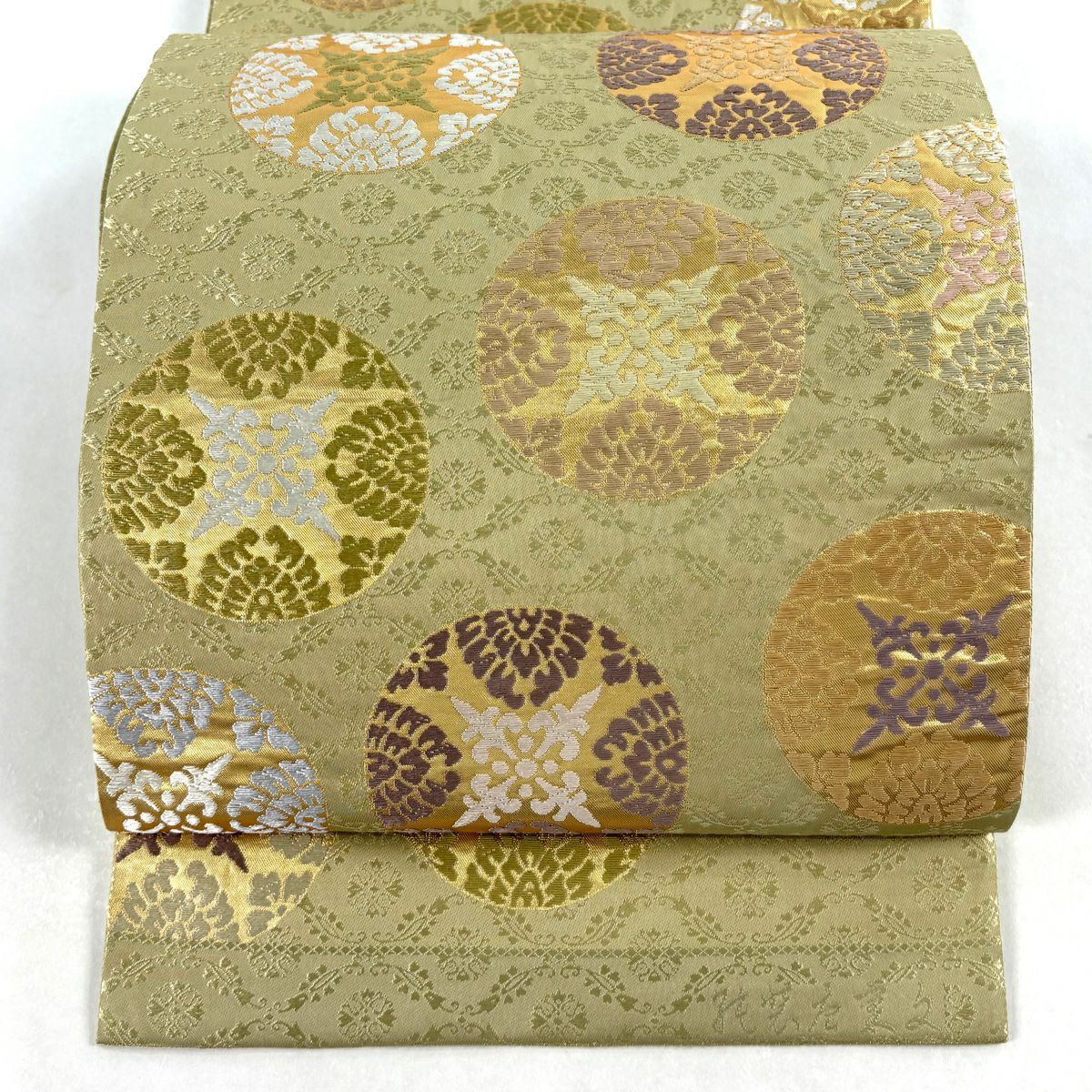 【美品】 袋帶 秀品級 圓文 地紋 刺繡 金金箔 灰綠 六通 純蠶絲