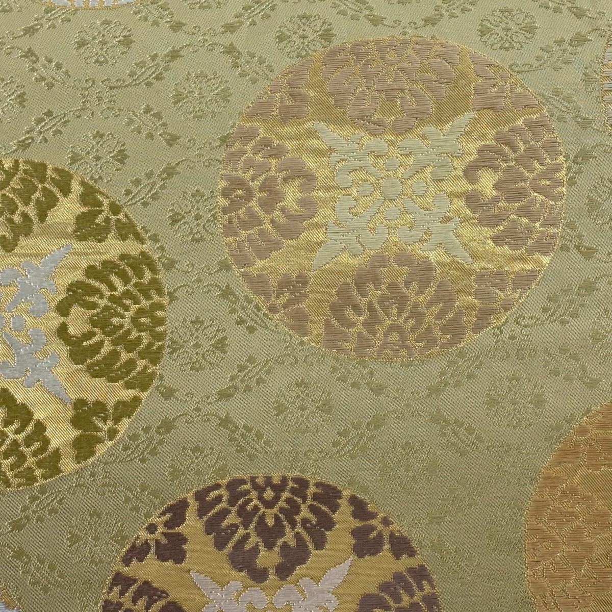 【美品】 袋帶 秀品級 圓文 地紋 刺繡 金金箔 灰綠 六通 純蠶絲