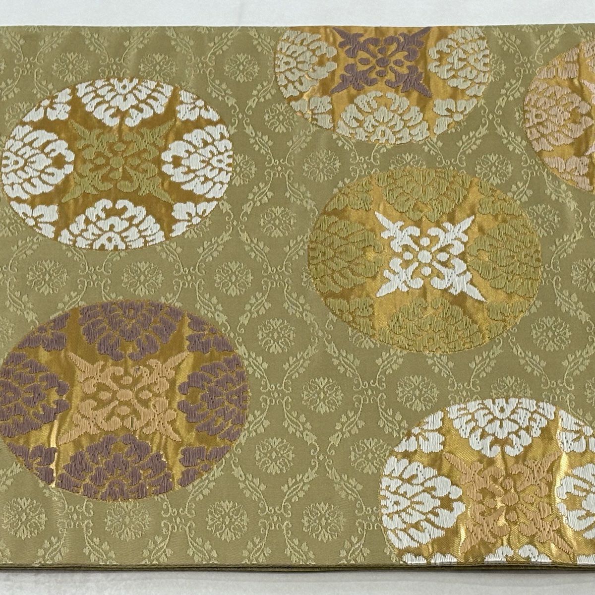 【美品】 袋帶 秀品級 圓文 地紋 刺繡 金金箔 灰綠 六通 純蠶絲