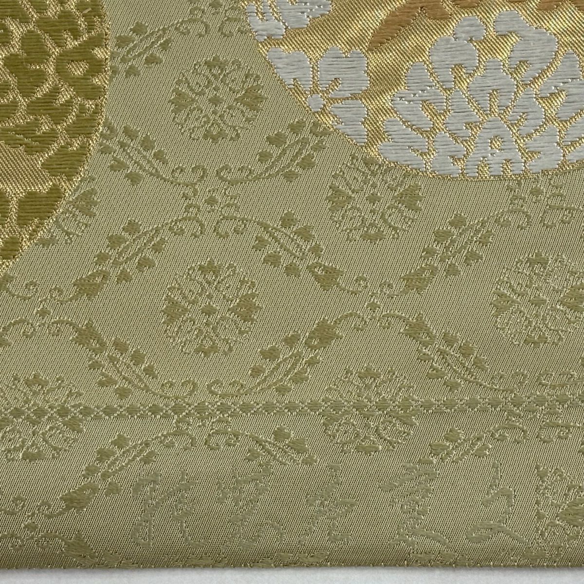 【美品】 袋帶 秀品級 圓文 地紋 刺繡 金金箔 灰綠 六通 純蠶絲